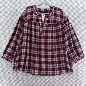 Lane Bryant Top Womens 22 Plus Burgundy Plaid Textured V-Neck Fall New